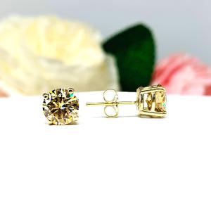 Champagne Moissanite Stud Earrings – 14k Yellow Gold – 6.5mm & 7mm Round – Authentic Stones