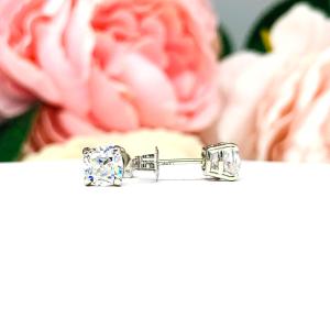 Old Mine Cut Moissanite Stud Earrings – 14k White Gold – 5mm Round – 1 Ct Total – Solid Gold Setting