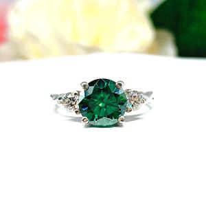 Emerald Green Moissanite 3 Stone Ring – Sterling Silver Milgrain Twist Band – White Moissanite Accents