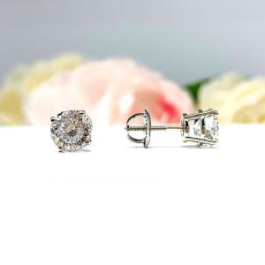Portuguese Cut Moissanite Stud Earrings – 14k White Gold – 2 Ct Total – Round Screw Back Setting