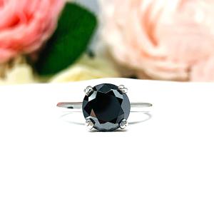 Black Moissanite Engagement Ring — 2 Carat 8mm Round Stone in Sterling Silver Cathedral Setting