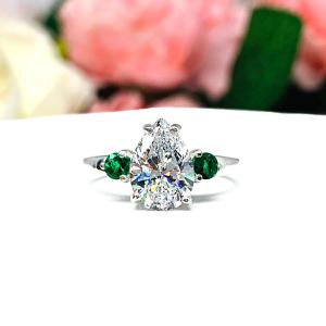 Pear Cubic Zirconia Emerald Engagement Ring – 10x7mm, Sterling Silver, Size 7
