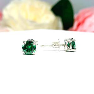 Emerald Green Moissanite Stud Earrings – Round Cut in 4 Size Options – Sterling Silver Settings