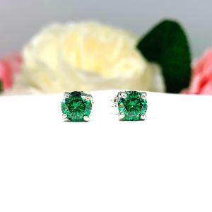 Emerald Green Moissanite Stud Earrings – Round Cut in 4 Size Options – Sterling Silver Settings