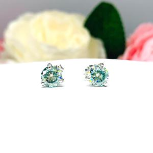 Blue Moissanite Stud Earrings – Round Cut – Basket Martini Style – Sterling Silver Settings