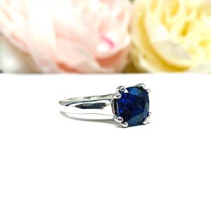 Cushion Lab Sapphire Ring - Double Prong Cathedral - 8mm Sterling Silver Solitaire