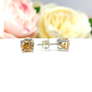 Champagne Old European Cut CZ Stud Earrings – 7mm,  Sterling Silver