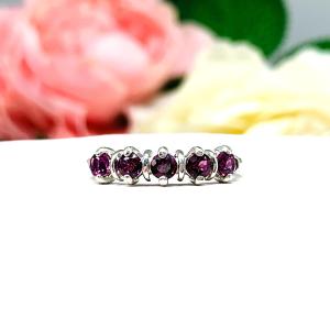 Garnet Five Stone Ring – 3mm Round,  Sterling Silver Setting