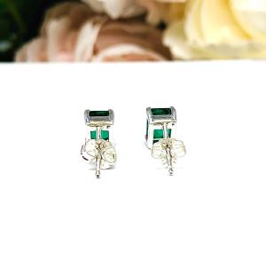Emerald Cut Lab Emerald Stud Earrings - Sterling Silver Settings -  May birthstone gift