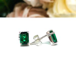 Emerald Cut Lab Emerald Stud Earrings - Sterling Silver Settings -  May birthstone gift
