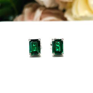Emerald Cut Lab Emerald Stud Earrings - Sterling Silver Settings -  May birthstone gift