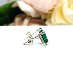 Emerald Cut Lab Emerald Stud Earrings - Sterling Silver Settings -  May birthstone gift