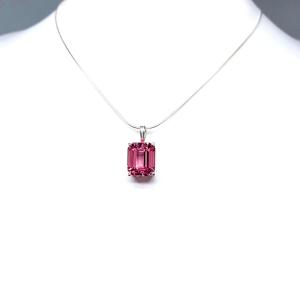 Lab Padparadscha Pink Sapphire Pendant Necklace – 12x10mm, Emerald Cut, Sterling Silver