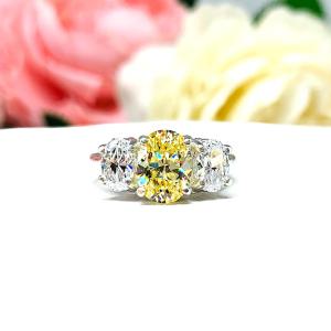 Canary Yellow CZ 3-Stone Ring – 8x6mm Oval Center – Sterling Silver Trellis Setting – Affordable Engagement or Anniversary Jewelry