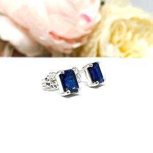 Lab Blue Sapphire Emerald Cut Stud Earrings – 7x5mm, Sterling Silver