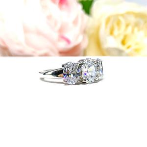 Oval CZ 3 Stone Engagement Ring - Low Profile Sterling Silver Setting