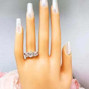 Oval CZ 3 Stone Engagement Ring - Low Profile Sterling Silver Setting