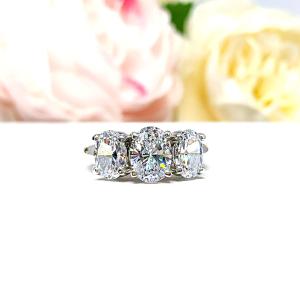 Oval CZ 3 Stone Engagement Ring - Low Profile Sterling Silver Setting