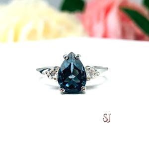 London Blue Topaz Pear Ring – 10x7mm, 12x8mm, Moissanite Accents, Sterling Silver