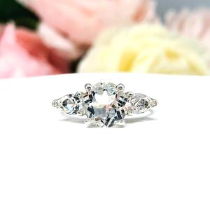 Round & Pear-Cut White Topaz 3-Stone Ring • 8mm, Sterling Silver