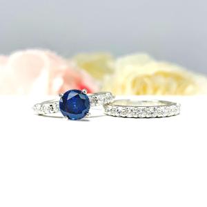 Lab Blue Sapphire Round Wedding Set – CZ Pave Accents, 6.5mm-8mm, Sterling Silver