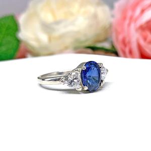 Lab Blue Sapphire Oval & CZ Trillion Ring – 8x6mm-10x8mm, Sterling Silver, Low Profile