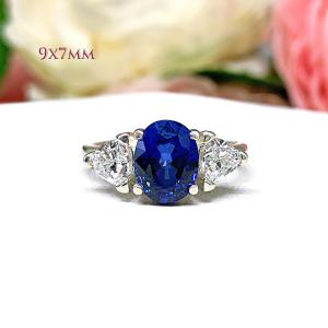 Lab Blue Sapphire Oval & CZ Trillion Ring – 8x6mm-10x8mm, Sterling Silver, Low Profile