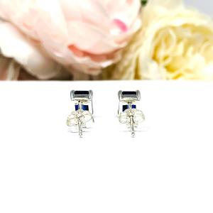 Lab Blue Sapphire Emerald Cut Stud Earrings – 7x5mm, Sterling Silver