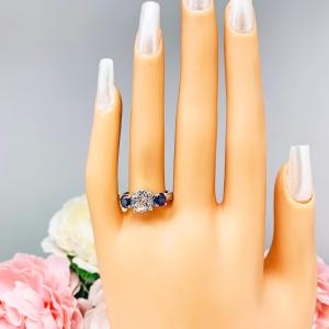 Round CZ & Lab Blue Sapphire 3-Stone Engagement Ring – 6mm-9mm, Sterling Silver