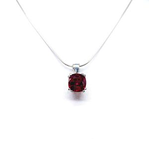 Lab Ruby Cushion Pendant Necklace – 9mm, Sterling Silver, Water Lily Design