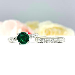 Lab Emerald Round CZ Pave Bridal Ring Set – 6.5mm-8mm, Sterling Silver