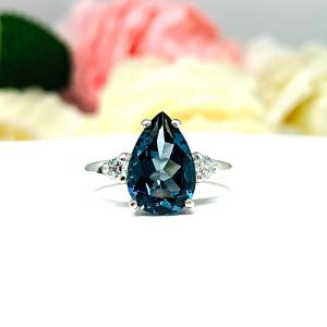 London Blue Topaz Pear Ring – 10x7mm, 12x8mm, Moissanite Accents, Sterling Silver