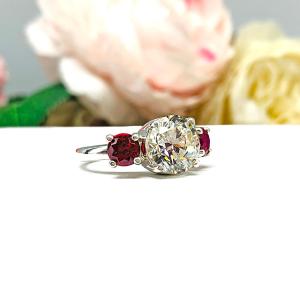 Round CZ & Lab Ruby 3-Stone Engagement Ring – 6mm-9mm, Sterling Silver