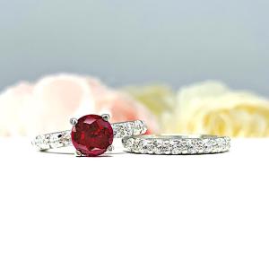 Lab Ruby Round Wedding Set – CZ Pave Accents, 6.5mm-8mm, Sterling Silver