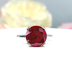 Lab Ruby Round Solitaire Ring – 8mm-10mm, Sterling Silver