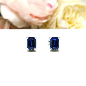 Lab Blue Sapphire Emerald Cut Stud Earrings – 7x5mm, Sterling Silver