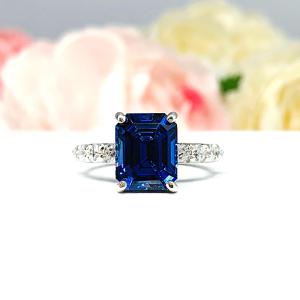 Lab Blue Sapphire Emerald Wedding Set – CZ Pave Accents, 8x6mm-9x7mm, Sterling Silver