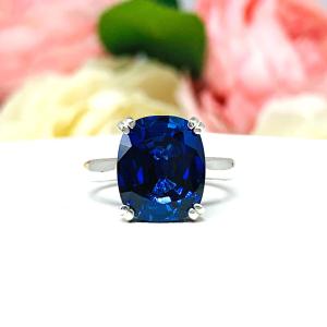 Lab Blue Sapphire Elongated Cushion Ring – 12x10mm, Sterling Silver, Wide Band