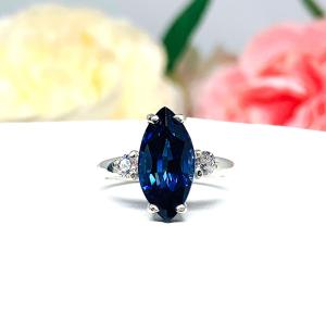 Lab Blue Sapphire Marquise Ring – CZ Accents, 10x5mm-14x7mm, Sterling Silver