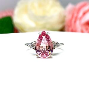 Lab Padparadscha Pink Sapphire Pear Ring – CZ Accents, 10x7mm, 12x8mm, Sterling Silver