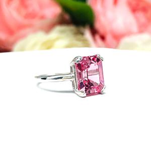 Lab Padparadscha Sapphire Emerald Ring Size 6 – 10x8mm, Sterling Silver