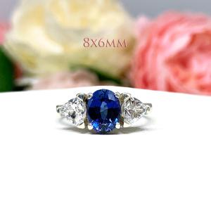 Lab Blue Sapphire Oval & CZ Trillion Ring – 8x6mm-10x8mm, Sterling Silver, Low Profile