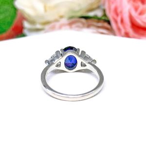 Lab Blue Sapphire Oval & CZ Trillion Ring – 8x6mm-10x8mm, Sterling Silver, Low Profile