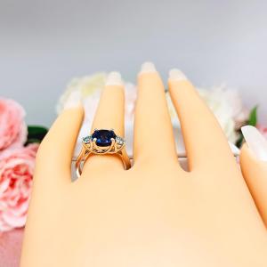 Lab Blue Sapphire Round 3-Stone Ring – Blue Moissanite Accents, Sterling Silver