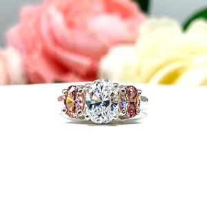 Morganite Pink Oval CZ Engagement Ring – 3-Stone, Sterling Silver