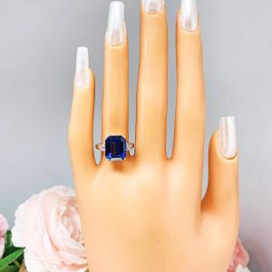 Lab Blue Sapphire Emerald Cut Ring – CZ Accents, 10x8mm-12x10mm, Sterling Silver