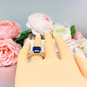 Lab Blue Sapphire Emerald Cut Ring – CZ Accents, 10x8mm-12x10mm, Sterling Silver