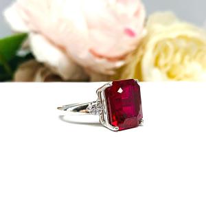Lab Ruby Emerald Cut Ring – CZ Accents, 10x8mm-12x10mm, Sterling Silver