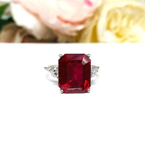 Lab Ruby Emerald Cut Ring – CZ Accents, 10x8mm-12x10mm, Sterling Silver
