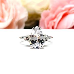 Lab White Sapphire Pear Engagement Ring – Round Accents, 10x7mm, 12x8mm, Sterling Silver